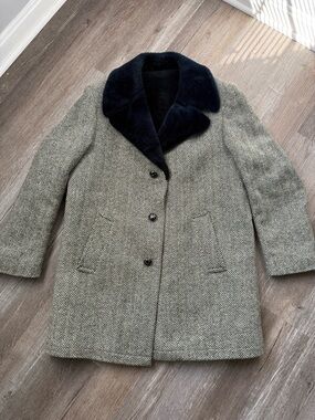 VTG Anderson Little Herringbone Wool Coat Navy Black Faux Fur Collar Size 42 L